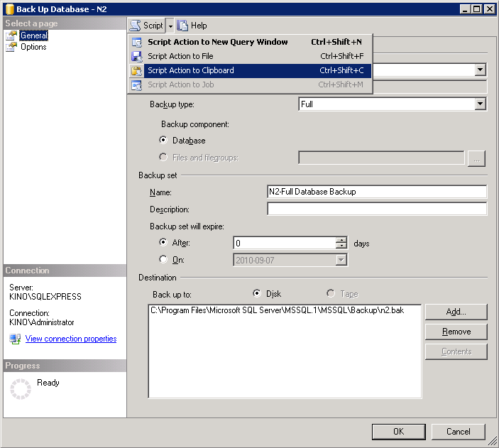 backup dialog of SQL Server Management Studio Express
