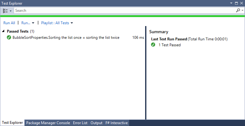 Our property-based test appears in the Visual Studio Test Explorer and we can run it like any unit test