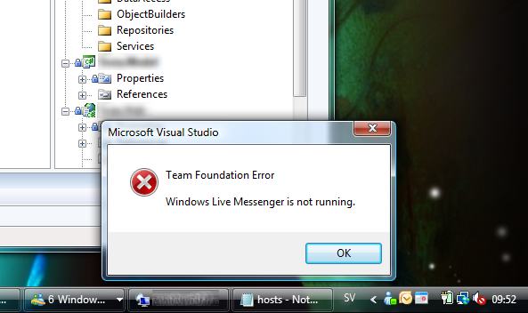 Team Foundation Error Windows Live Messenger is not running