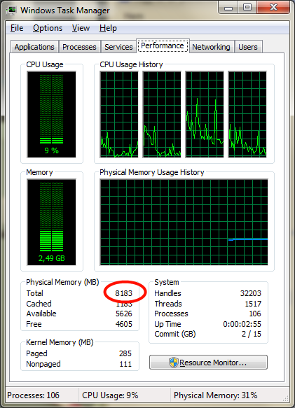 8Gb RAM visible in the task manager