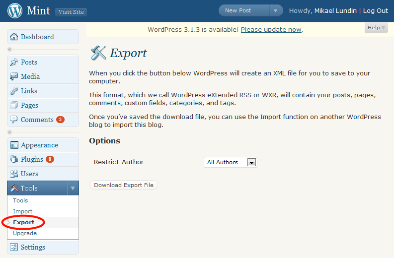 Wordpress export XML