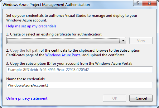 Visual Studio create Azure credentials
