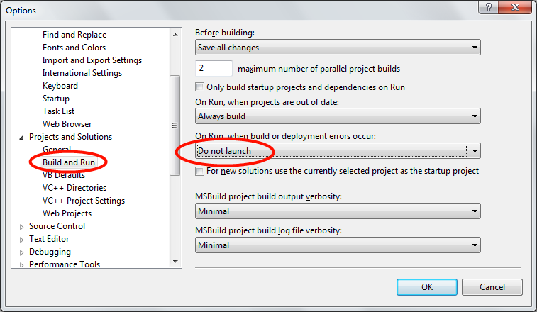 Visual Studio options dialog